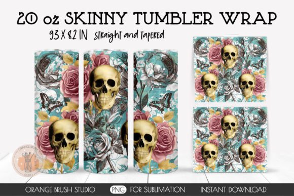 Gothic Floral Skull Skinny Tumbler Wrap
